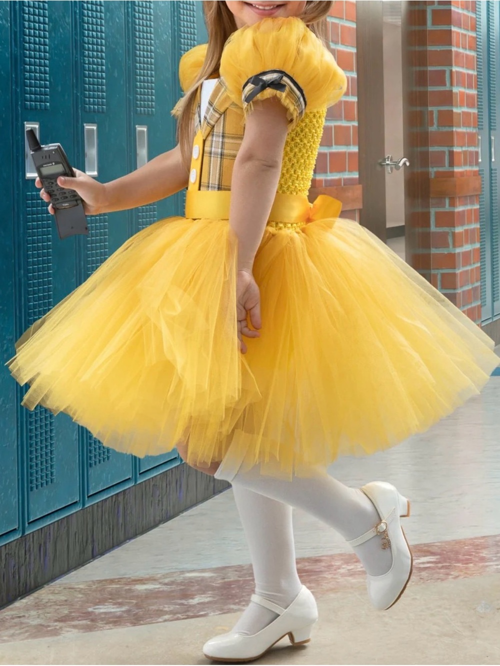 Mia Belle Girls Yellow Plaid Tutu Dress Costume Size 7T Puff Sleeve Party Dress